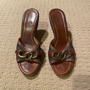 Cole Haan Vintage leather and jean slides with wedge heels, in good co…